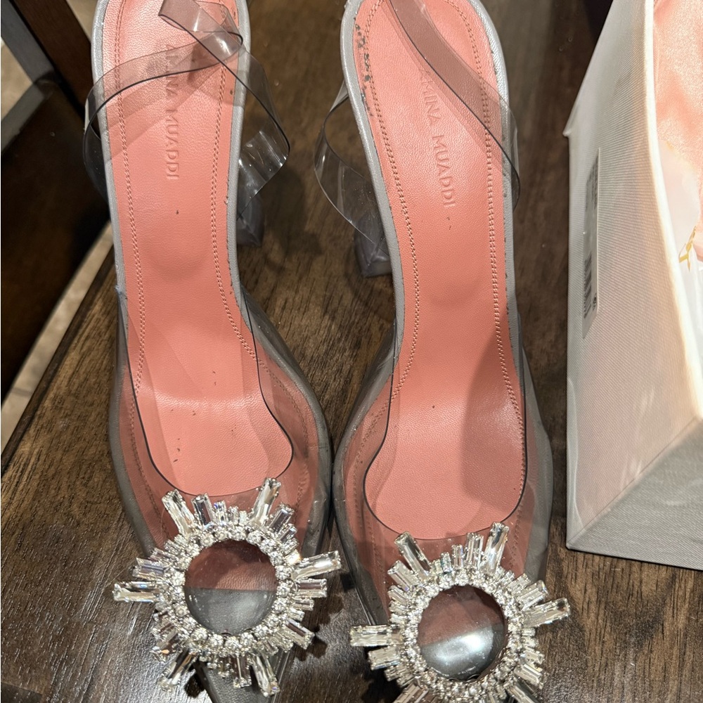 Amina Muaddi Pink and Clear Crystal Embellished Heels